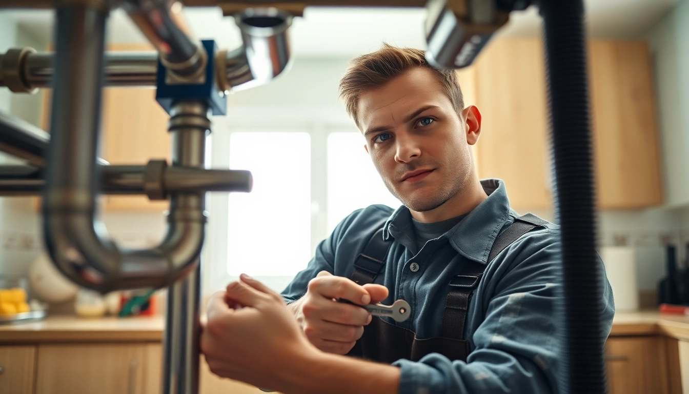 Find expert plumber near me fixing pipes in a bright kitchen.