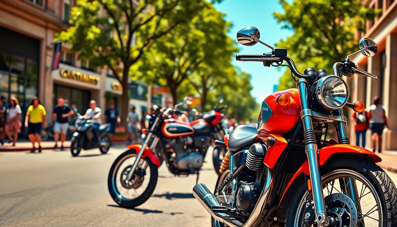 Explore affordable street legal motorcycles parked against a lively city backdrop.