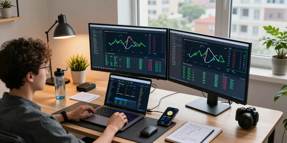 Bitcoin mining website setup showcasing cryptocurrency mining statistics, network activity, and secure wallet on dual monitors.