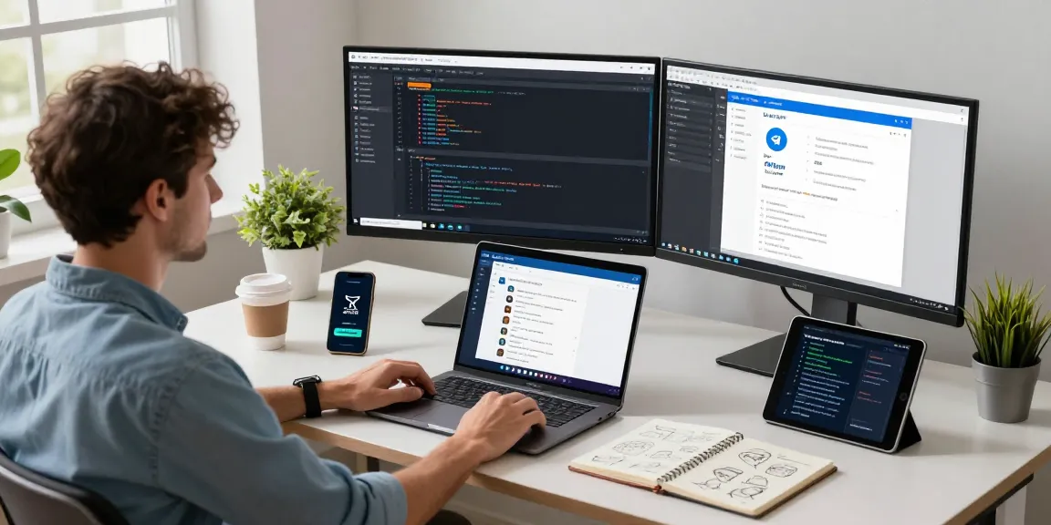 Developer focused on 纸飞机下载 app design in a modern workspace.