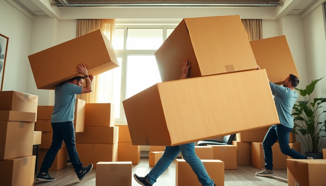 Movers efficiently transporting furniture in a spacious urban apartment.