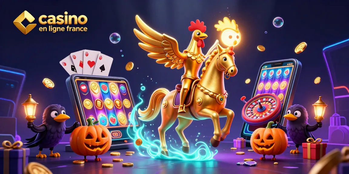 Admirez le casino en ligne France avec un coq doré et des éléments de jeu captivants.