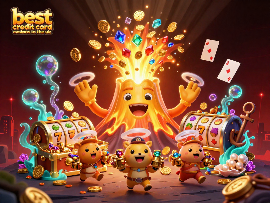 Discover the best credit card casinos in the UK with vibrant gaming elements, character, and treasure.