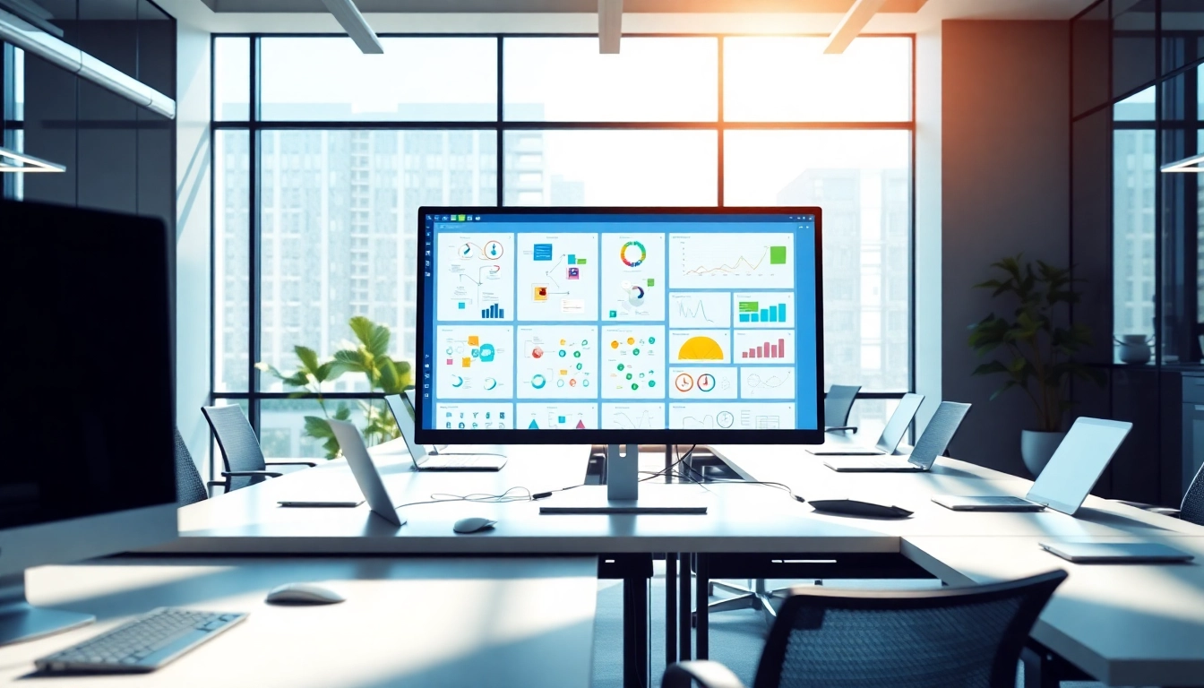 Vislio interface displaying colorful flowcharts and diagrams in a bright office setting.