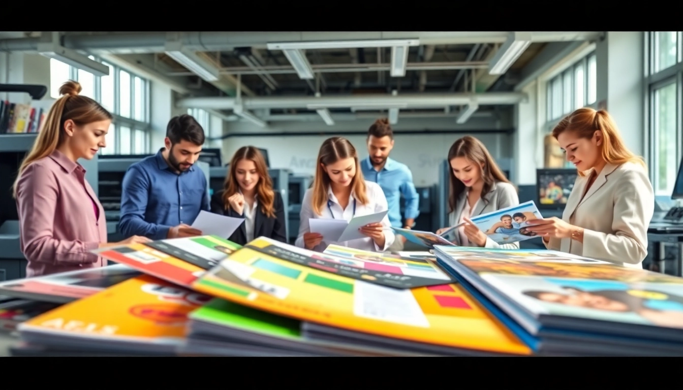 Budget printing Edmonton showcasing vibrant promotional materials in a collaborative office setting.