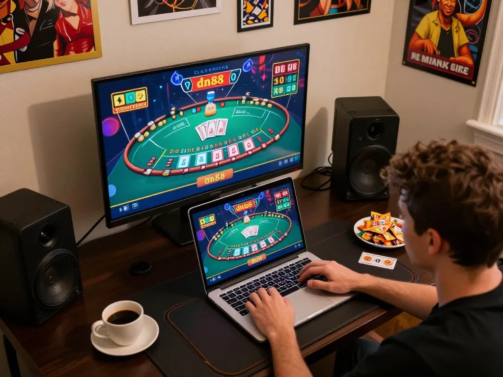 Player engaging with dn88 online casino on laptop, enjoying a live dealer blackjack game.