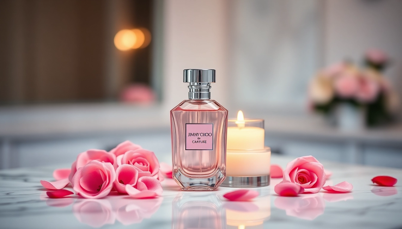 Admire the exquisite Jimmy choo perfume bottle surrounded by rose petals and candlelight.