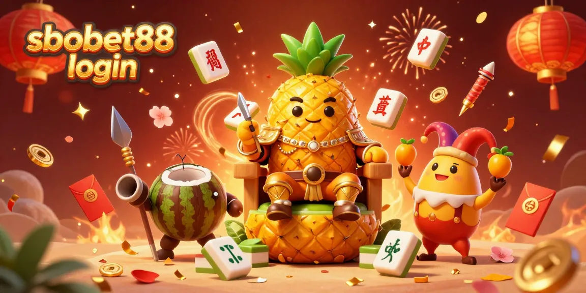 Experience sbobet88 login at a vibrant casino with a golden pineapple king and festive elements.
