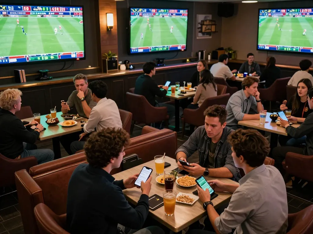 Soi Kèo action in a bustling sports betting lounge, fans placing bets and watching matches