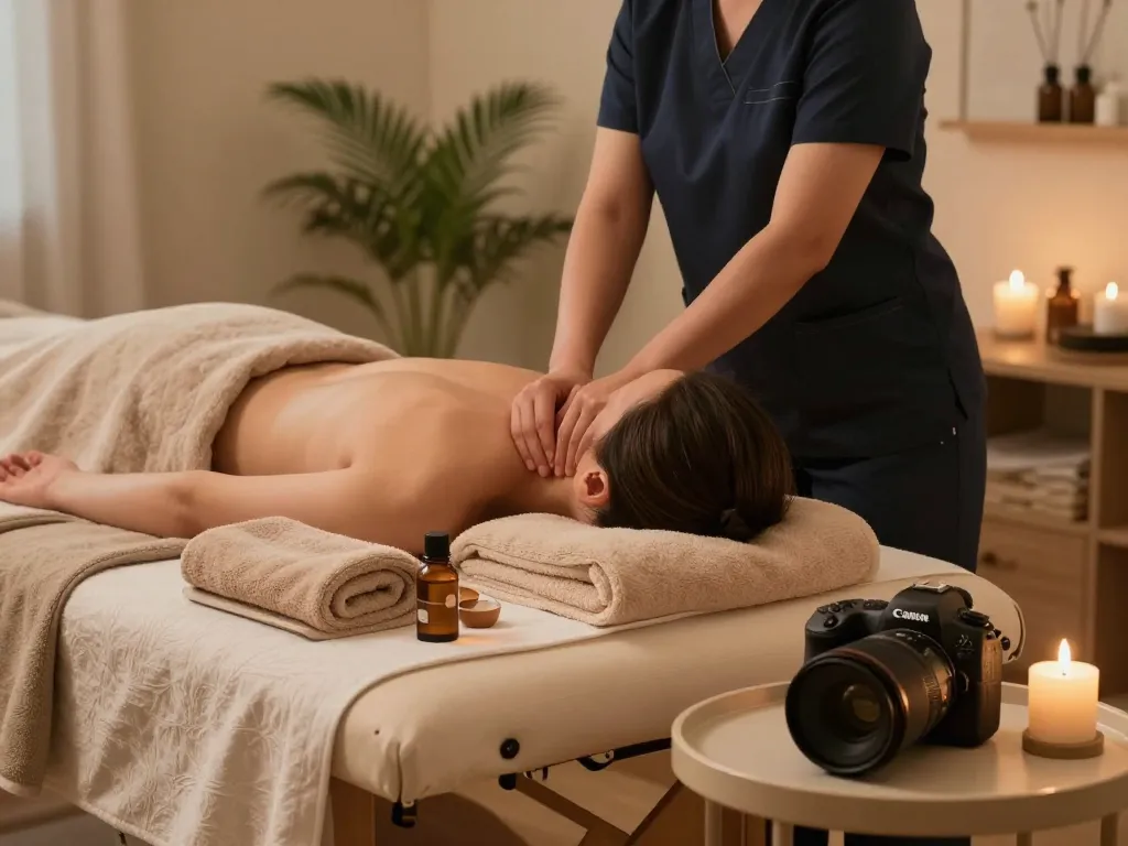 Relaxation scene at https://www.maxim-anma.net showing a professional therapist delivering a soothing aromatherapy massage in a cozy home environment.