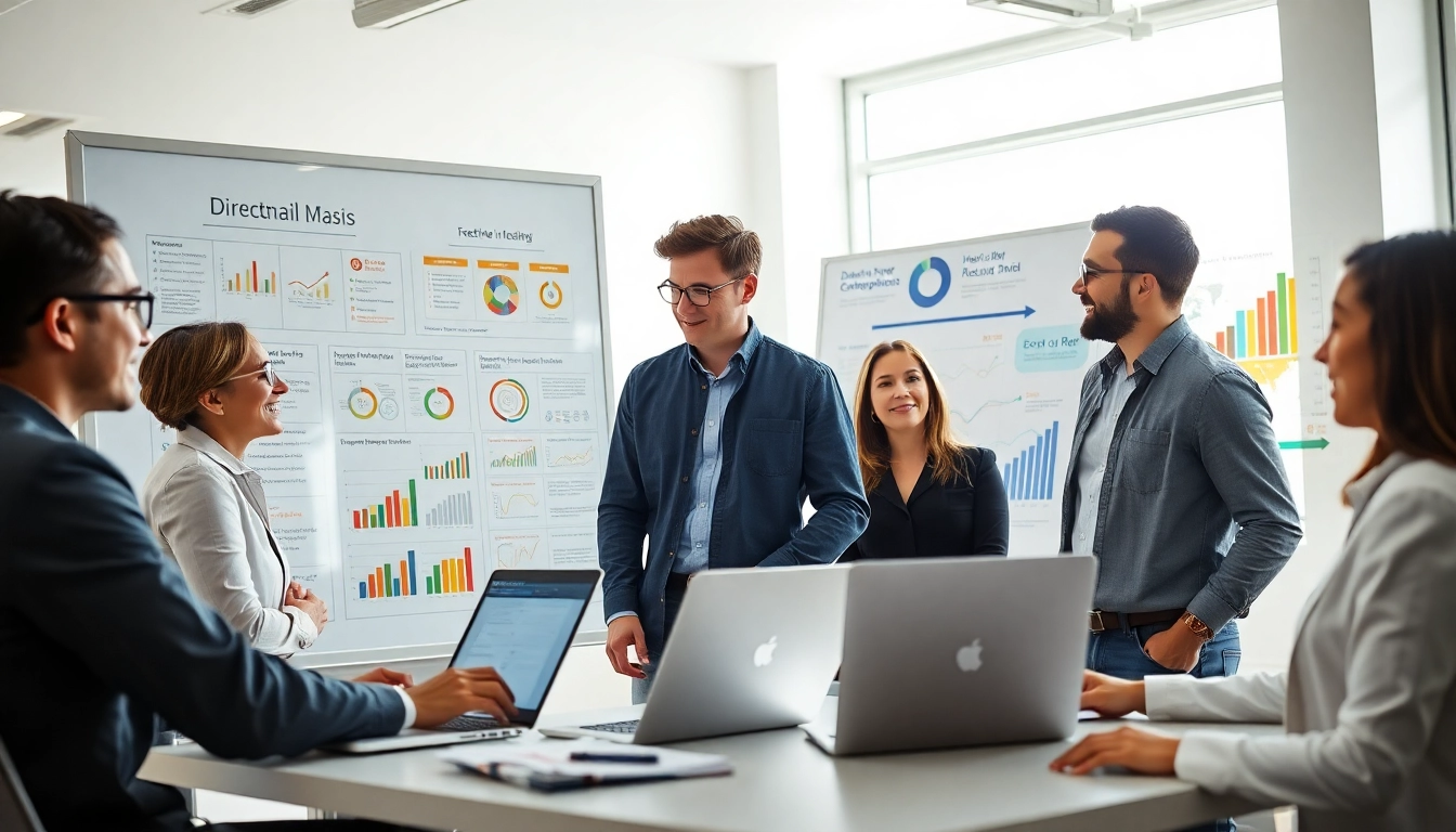 Apex Direct Mail project team brainstorming in a bright, modern office setting with data visuals.