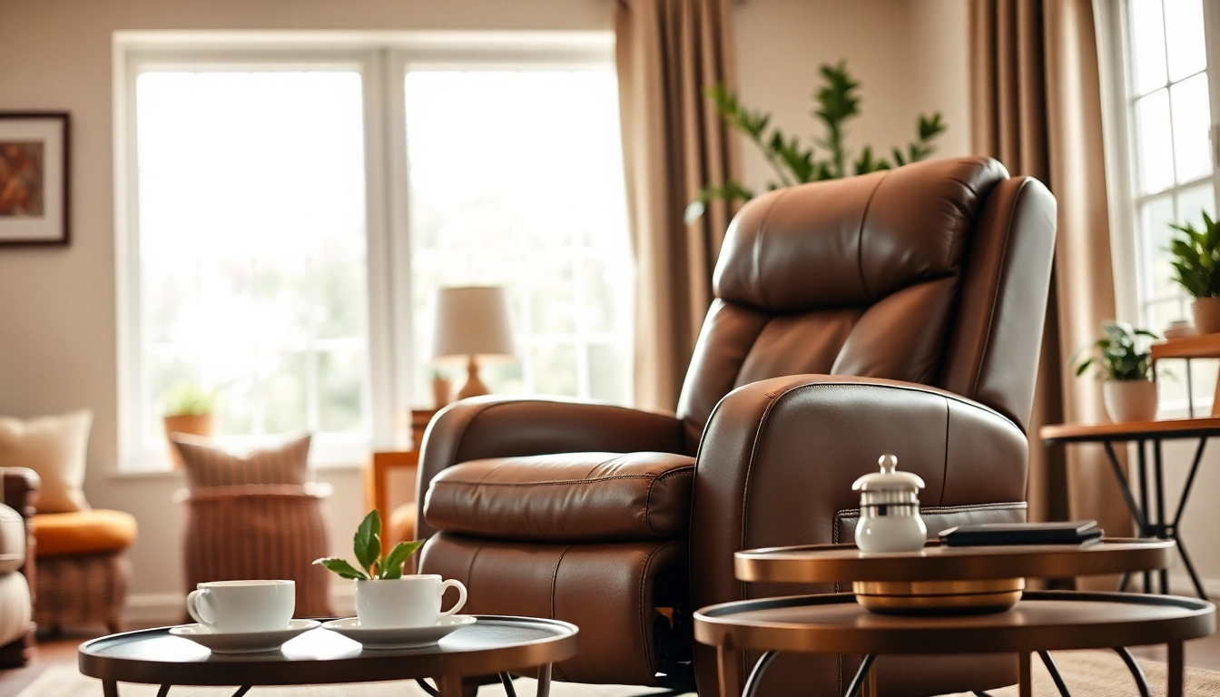 Experience comfort with a luxurious leather lift recliner chair nestled in a stylish living room.
