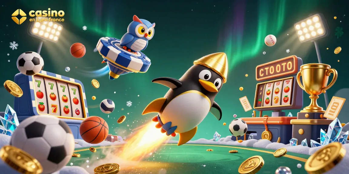 Une illustration de casino en ligne France dynamique avec un pingouin doré fusée et des éléments de jeu captivants.