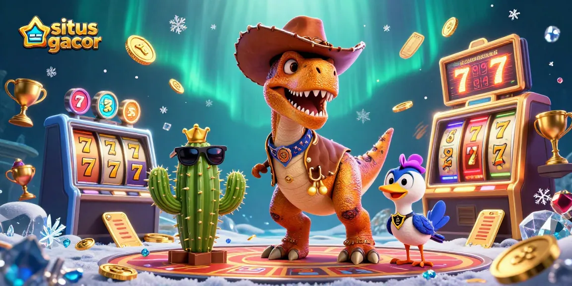 Engage in thrilling gameplay at situs gacor with 3D dinosaur characters and casino elements.