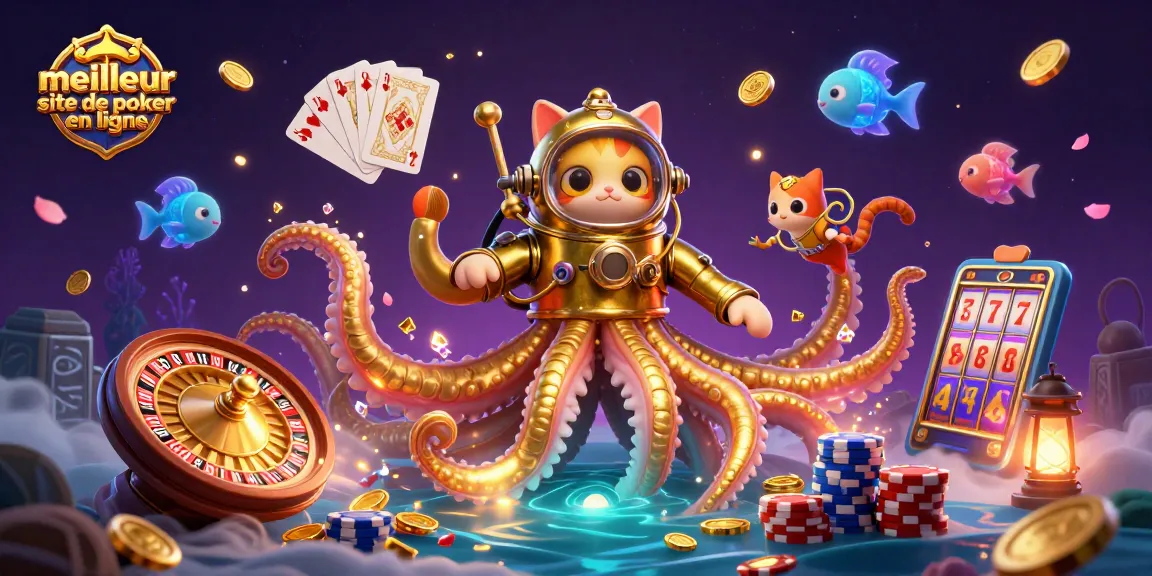 Le meilleur site de poker en ligne avec un kraken et un chat plongeur au milieu des jetons d'or et des cartes.