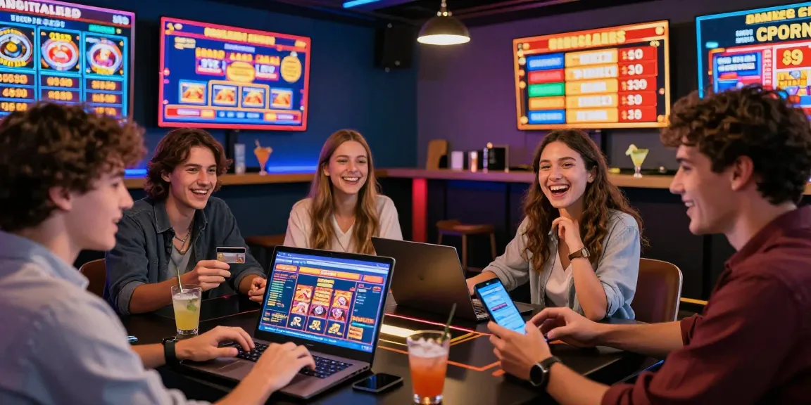 Group of friends enjoying online casinos that accept credit cards in a vibrant gaming lounge, engaging with games and sharing exciting offers.