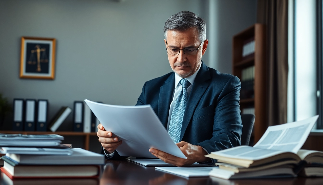 Asheville criminal defense lawyer reviewing case documents in a focused office setting.