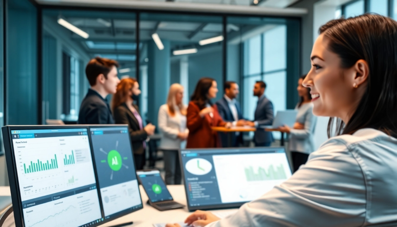 Engaging enterprise AI assistant enhancing team productivity in a modern office environment.