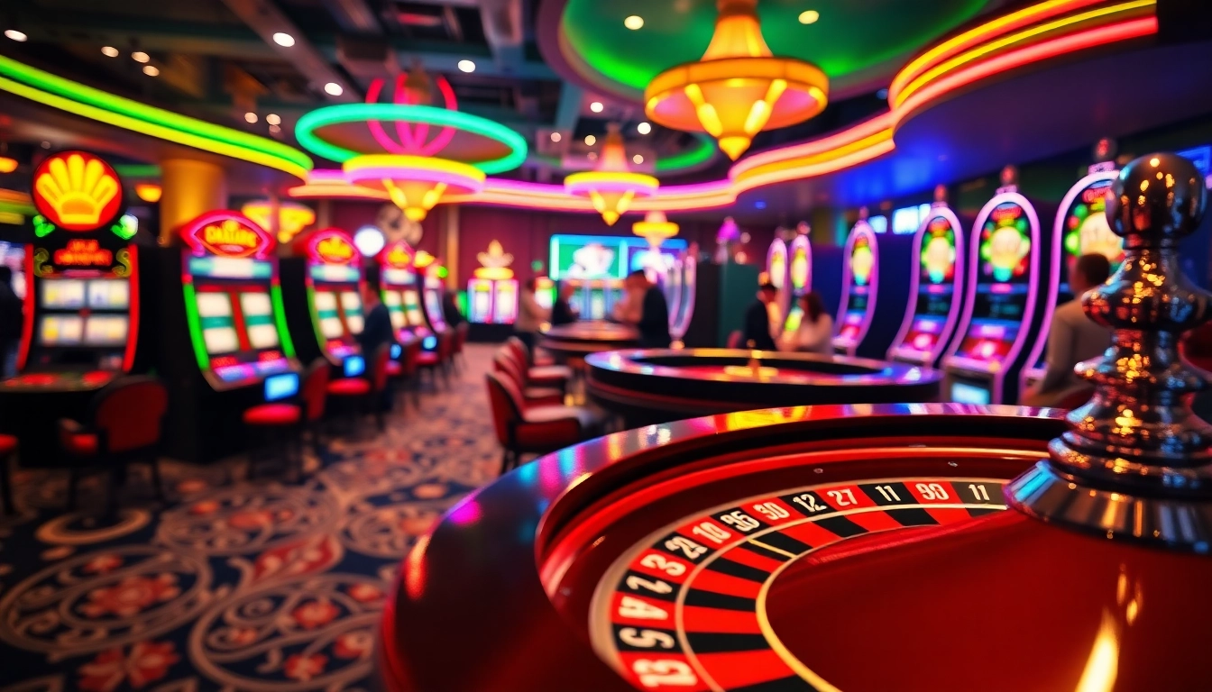 Judi kasino bbni4d yang mendebarkan dengan tabel roulette dan mesin slot berkilauan.
