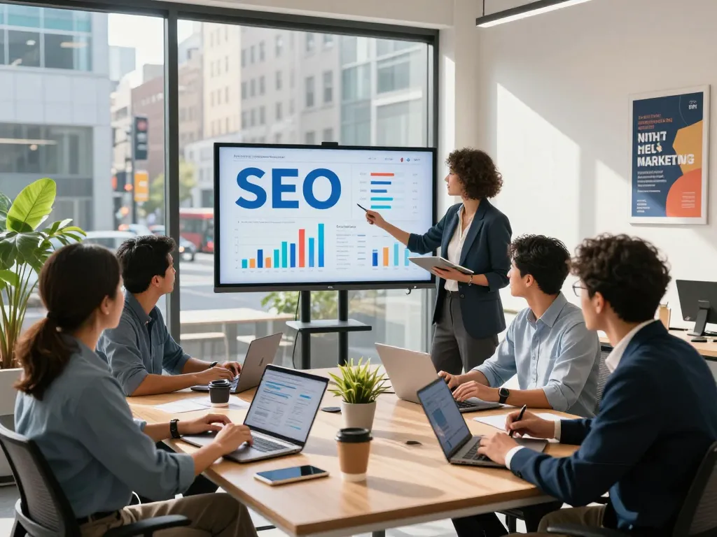 Engaged team brainstorming SEO strategies for a leading NYC SEO Company in a modern office.