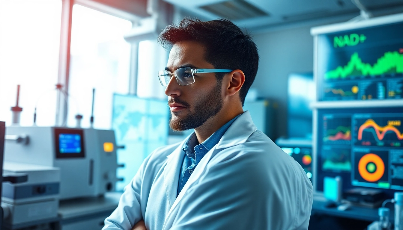 NAD+ research being conducted by a focused scientist in a bright laboratory.