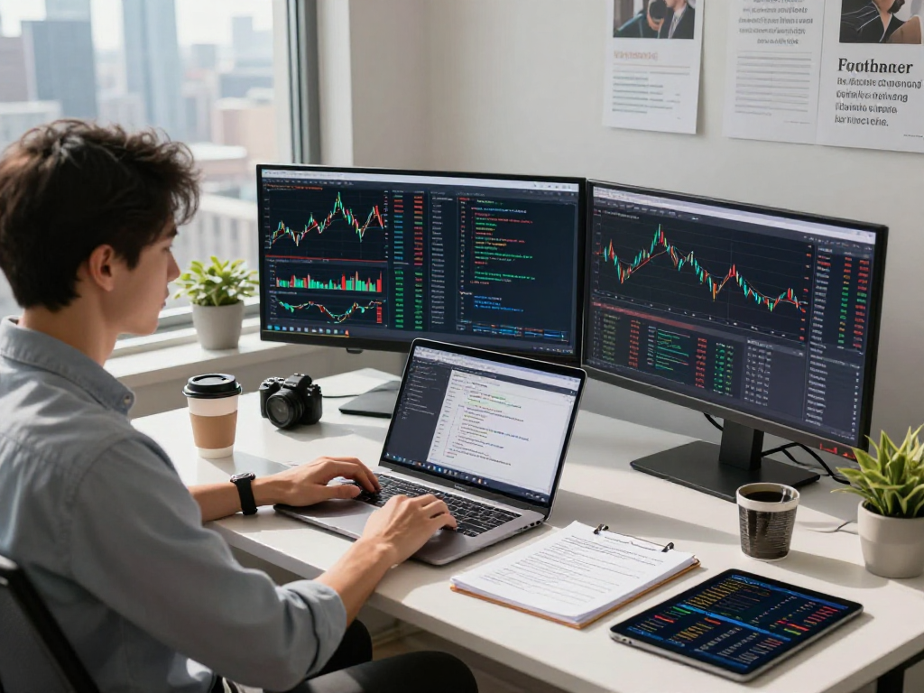 Developer using US stock backtesting data API in a professional workspace, showcasing real-time market analysis