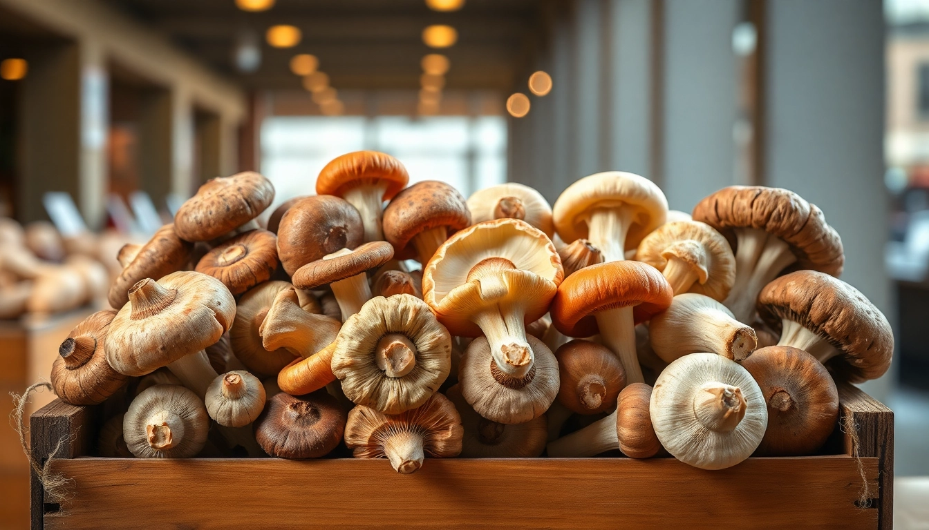 Buy mushrooms online Canada showcasing fresh varieties arranged beautifully.