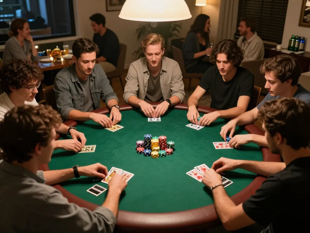 Players engaging in a strategic home poker game, showcasing top quality widgets in action amidst chips and cards.