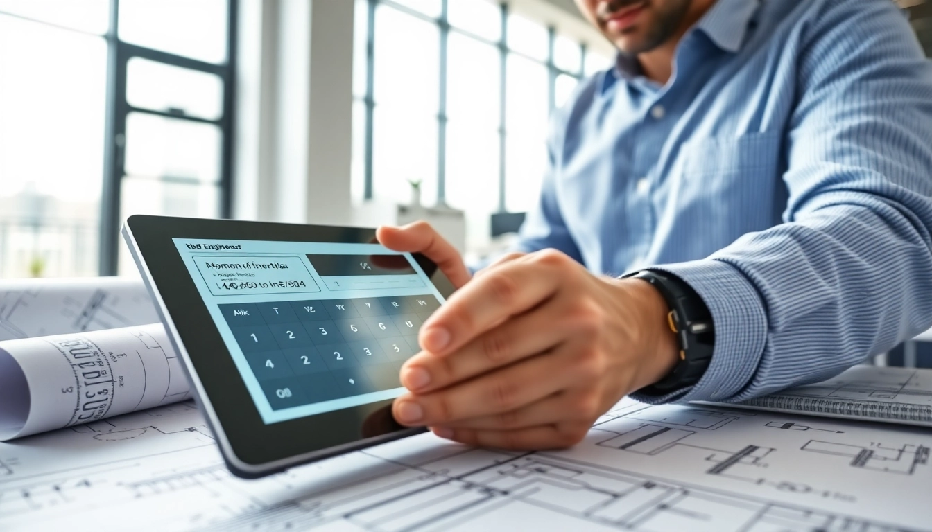 Engineer utilizing moment of inertia calculator on a digital device in a bright office.