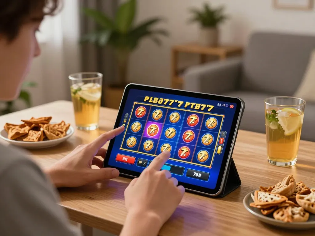 Engaged player enjoying slot77 gameplay on a tablet in a cozy home environment.