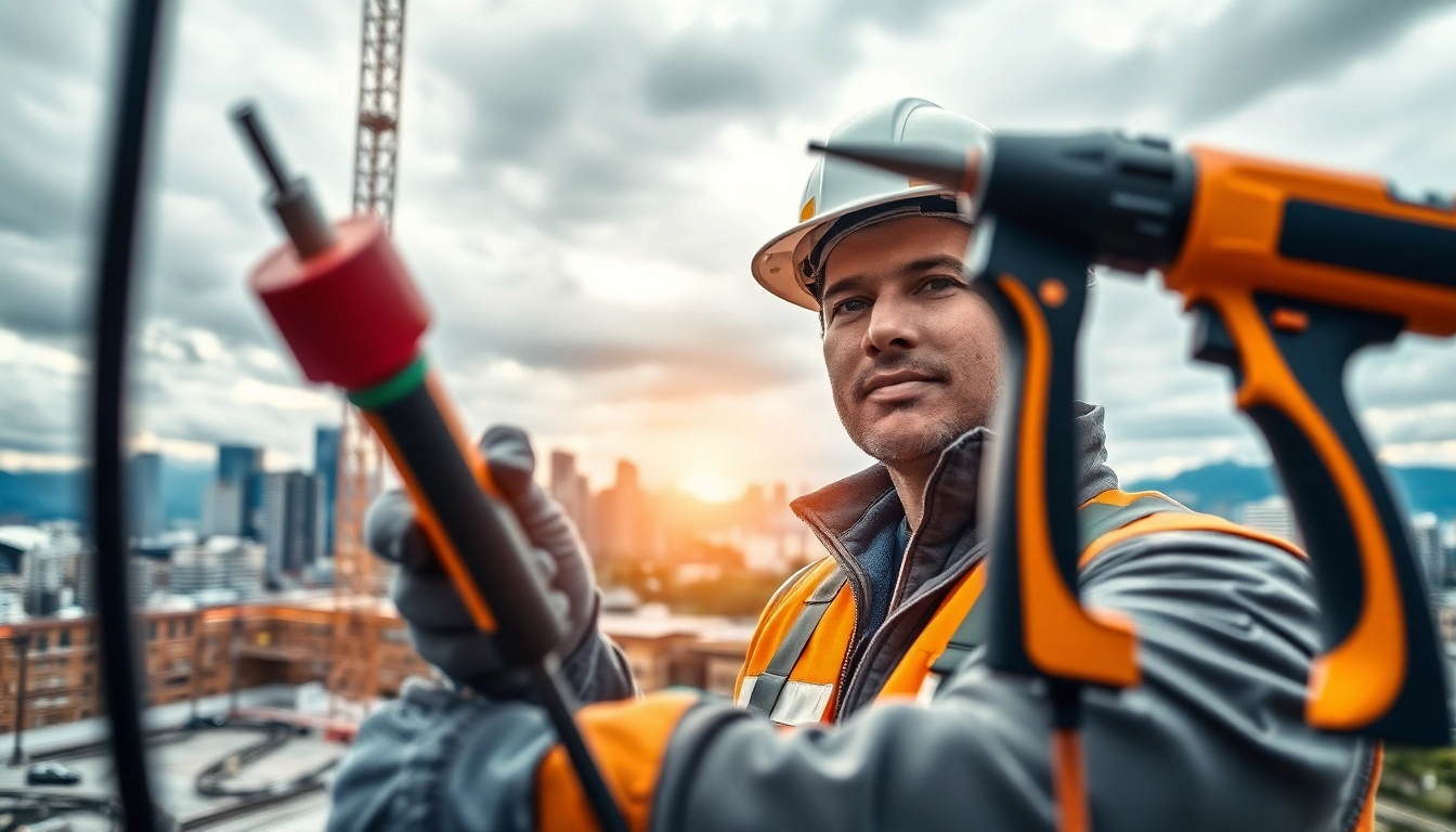 Commercial electrician Vancouver working on a building with tools and city skyline.