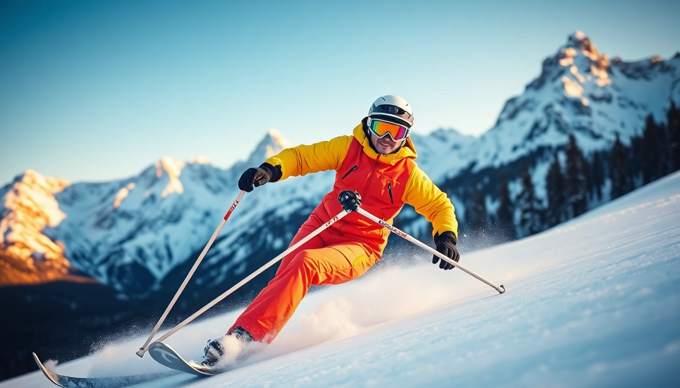 Skier showcasing vibrant winter wear while skiing down a snowy mountain.