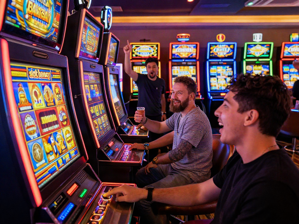 Excited players on a casino floor celebrating a slot bonus win at vibrant slot machines.