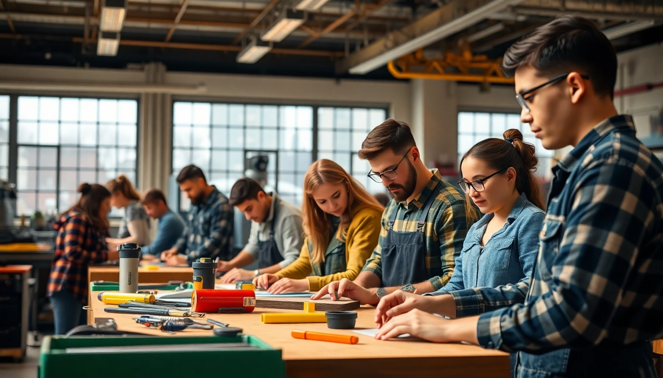 Students actively working in a trade school workshop, showcasing hands-on skills development.
