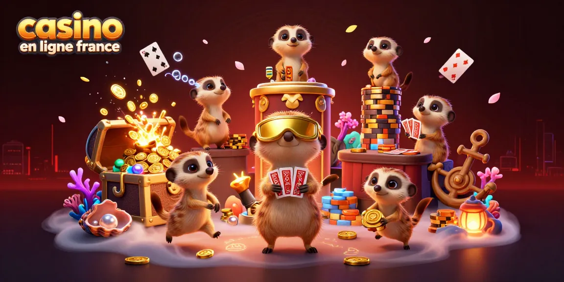 Découvrez le monde du casino en ligne France avec une illustration de suricates animés gérant une opération de jeu colorée.