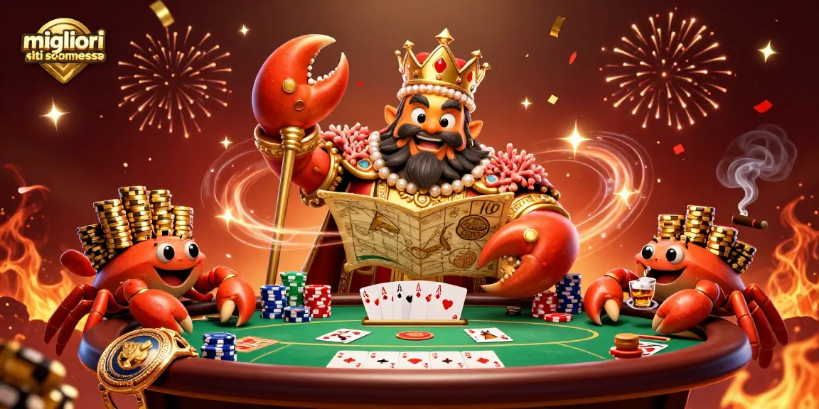 Migliori siti scommesse: un imperatore granchio dorato celebra con poker e chip d'oro in un'illustrazione vivace.
