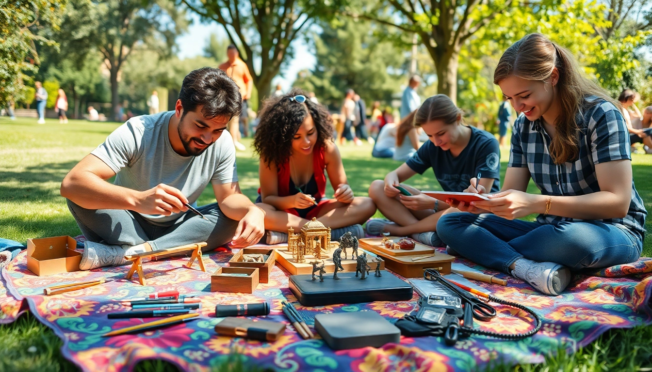 Individuals showcasing niche hobbies in a lively community setting, emphasizing creativity and collaboration.