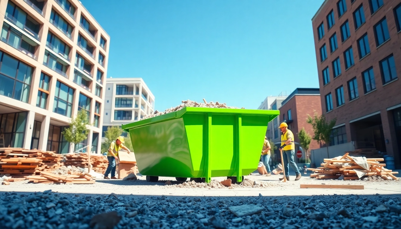 Efficiently loading Monster Skips in urban setting with workers and construction materials.