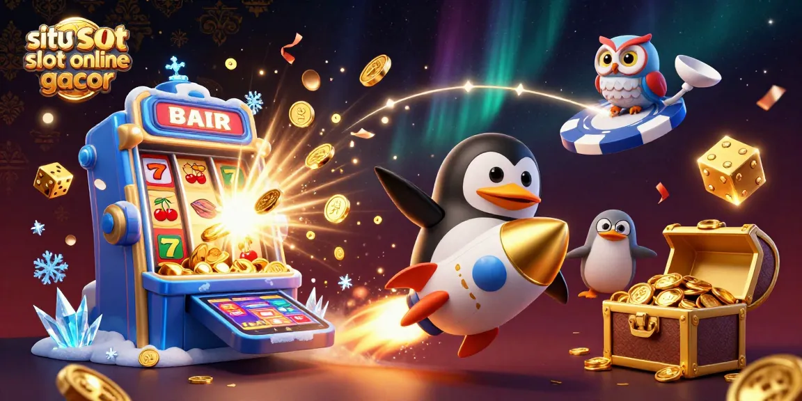 Situs slot online gacor menyajikan ilustrasi penguin emas bertenaga roket di ruang angkasa dengan jackpot menggelegar.