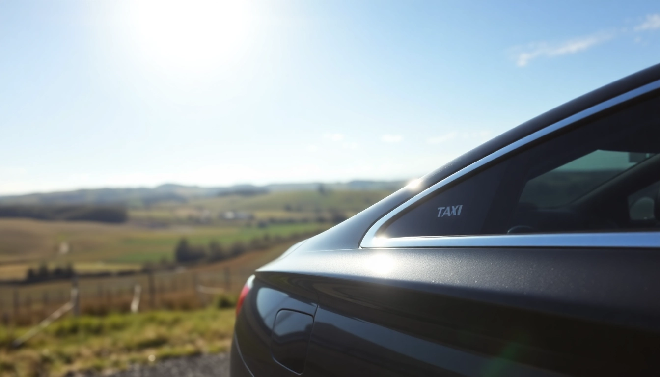 Experience LONG DISTANCE TAXI TRANSFERS with a sleek vehicle in a serene landscape