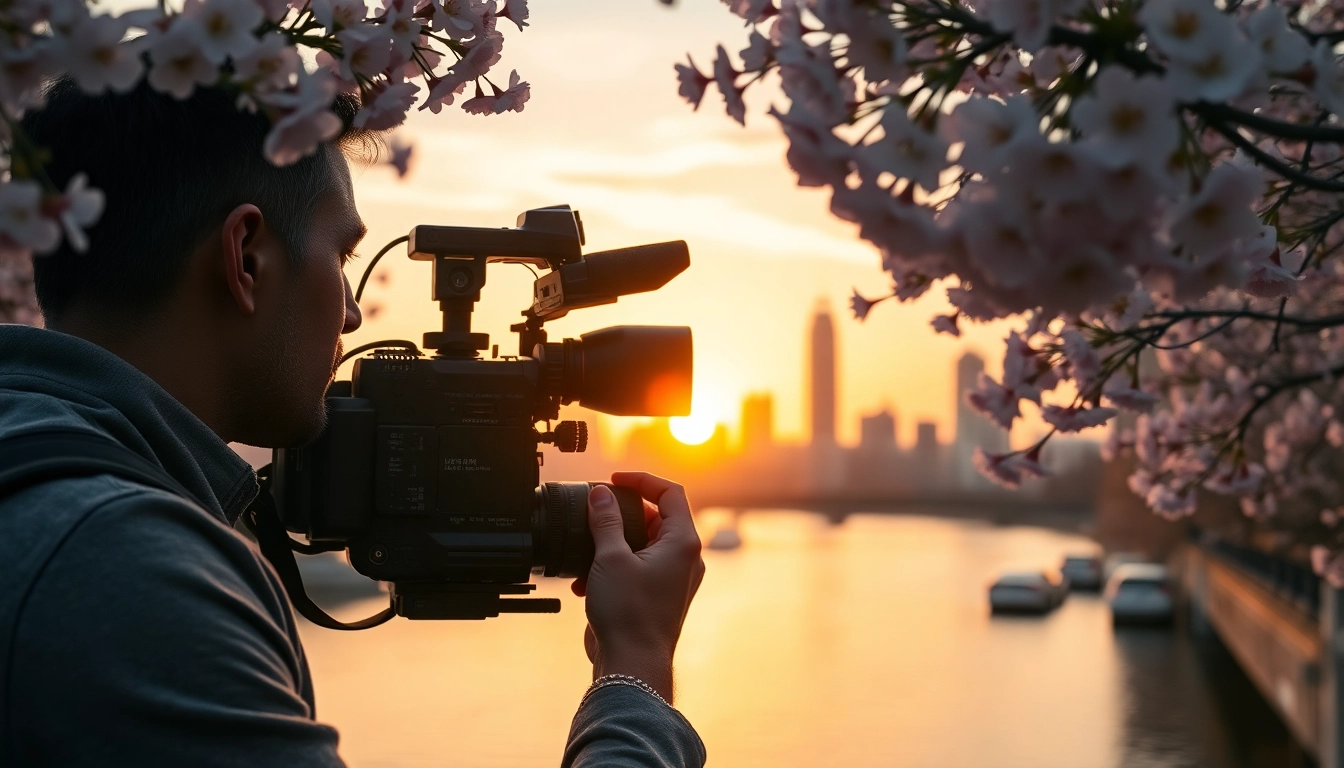 Film Maker in a vibrant cityscape, capturing moments during golden hour.