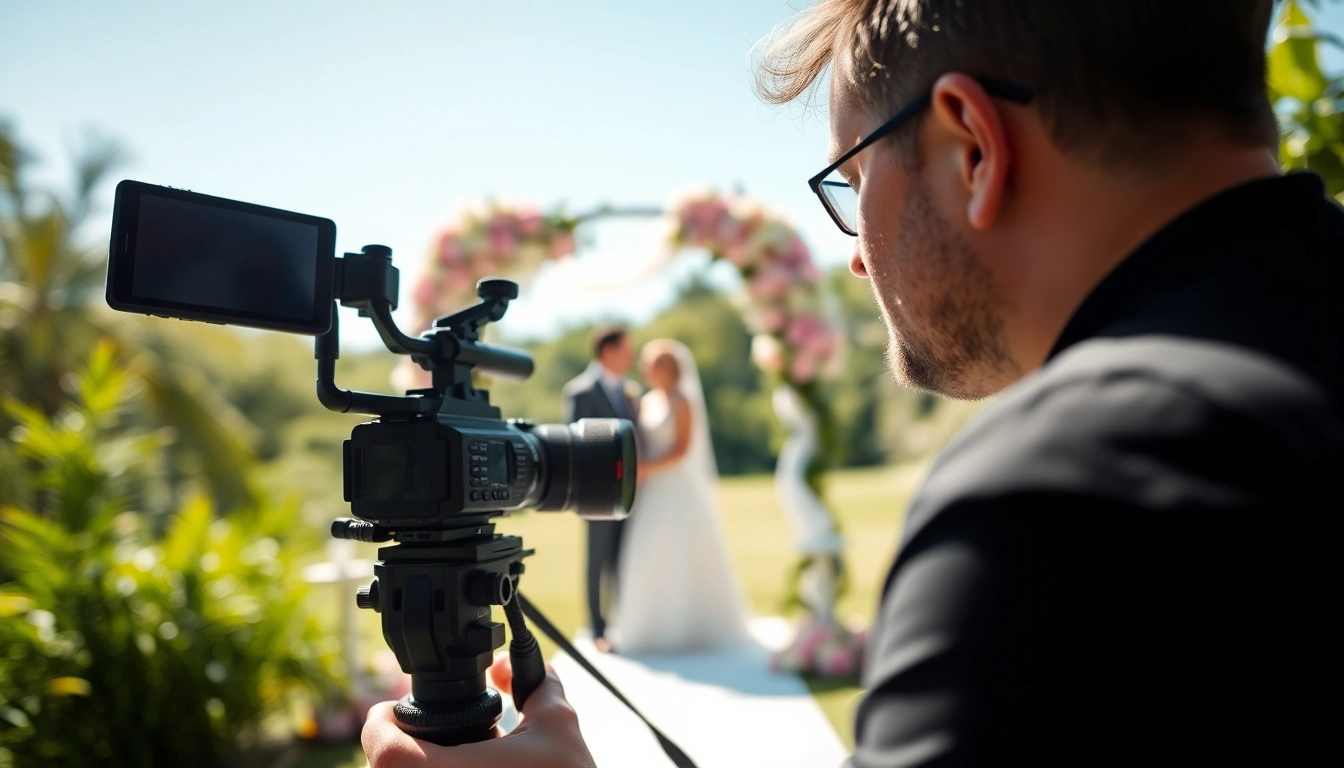 Edmonton videographer capturing a wedding scene with vibrant greenery and warm lighting.