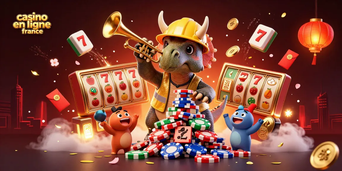 Illustration dynamique de casino en ligne France avec un triceratops et des éléments de jeu.