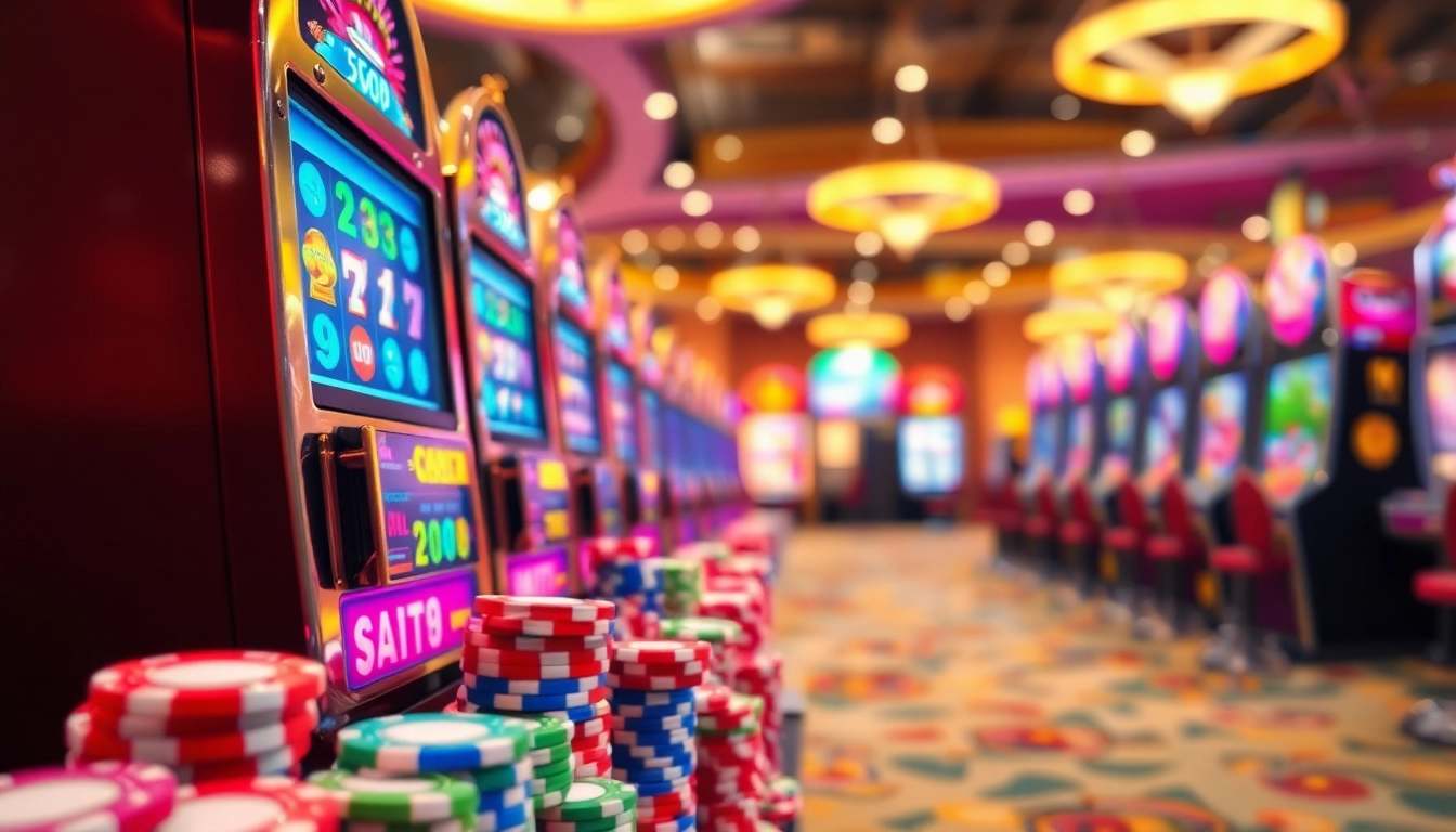 Explore vibrant casino bonuses illustrated in a bustling gaming floor with colorful slot machines.