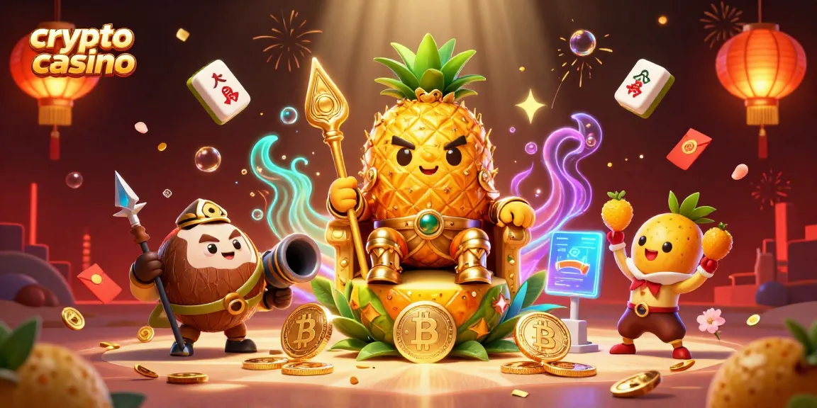 Découvrez un casino crypto vibrant avec le roi ananas et ses gardes, ambiances lumineuses et éléments de jeu.