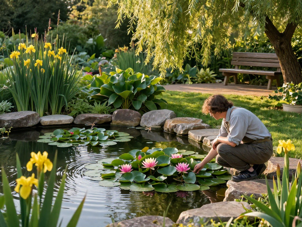 Vibrant British pond plants in a serene garden pond scene with a gardener planting water lilies.
