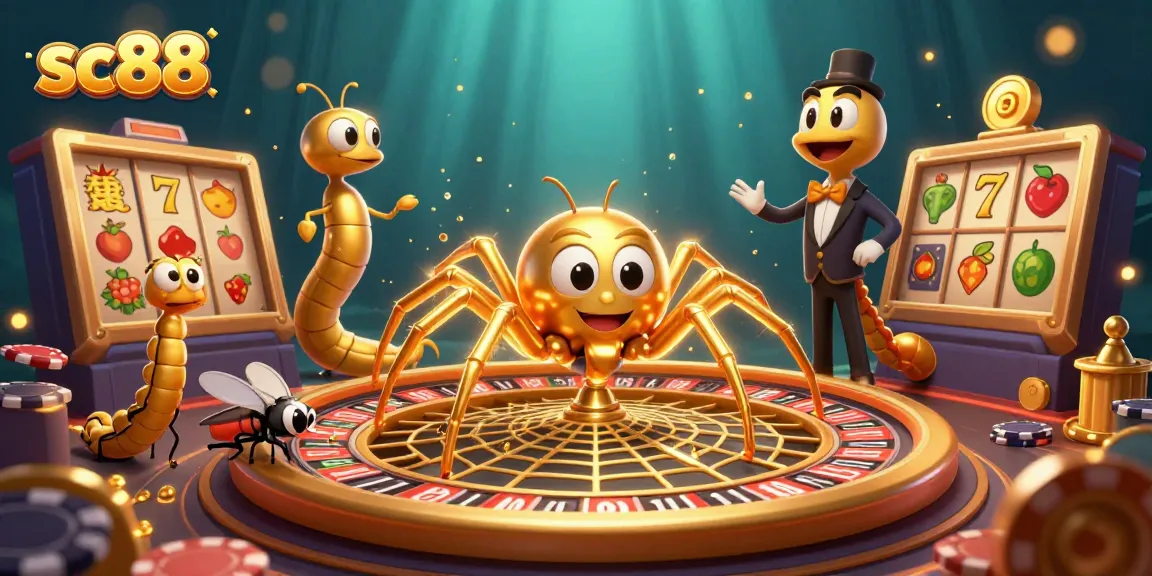 Experience sc88 with thrilling spins as a golden spider weaves a roulette web in this dynamic casino illustration.