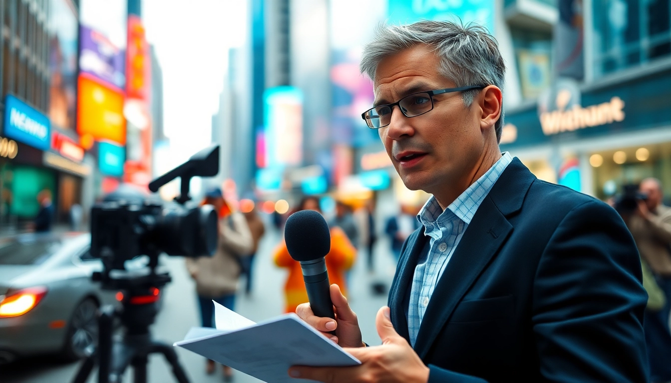 Journalist covering live news in an energetic urban environment with engaging expressions.