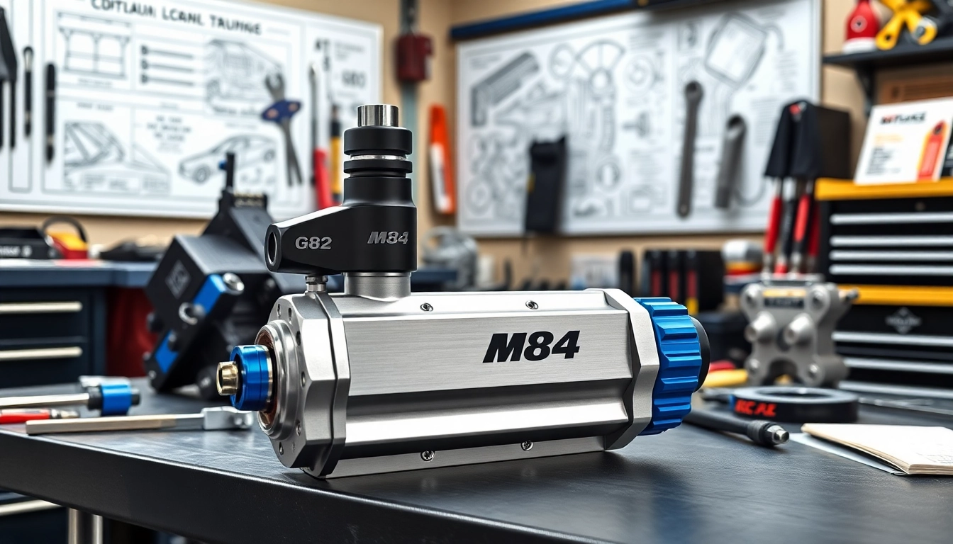 Visualizing G82 M4 Port Injection Kit on a workbench in an auto workshop, surrounded by tools.