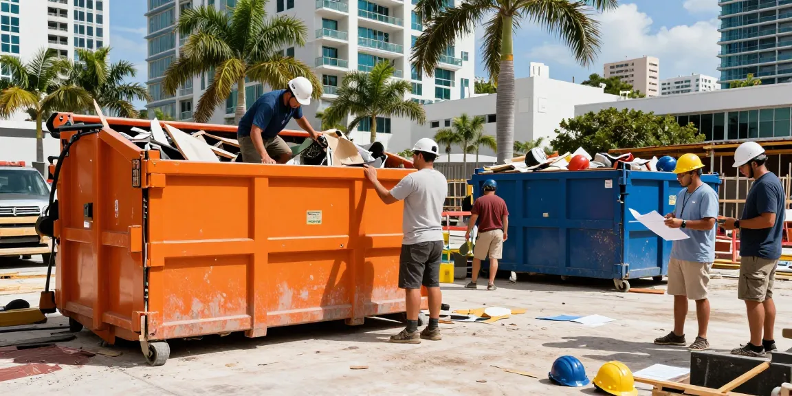 Reliable dumpster rental in Miami FL for construction projects with contractors loading debris